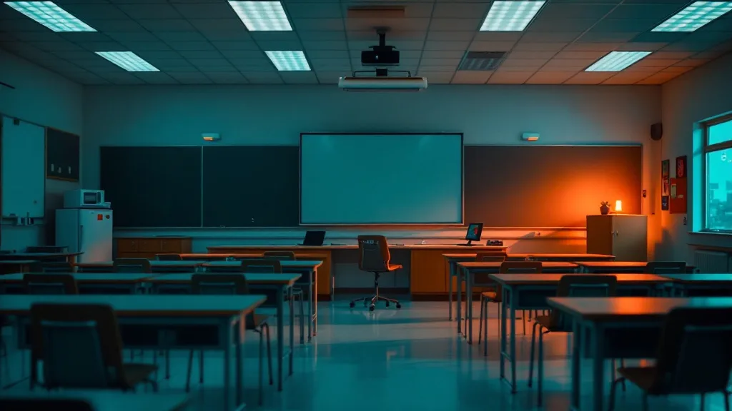 Empty classroom after hours with equipment left on