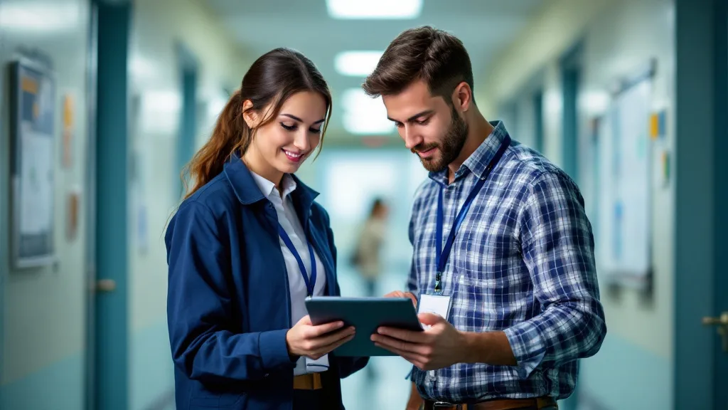 Facilities staff reviewing energy data on a tablet in a school hallway