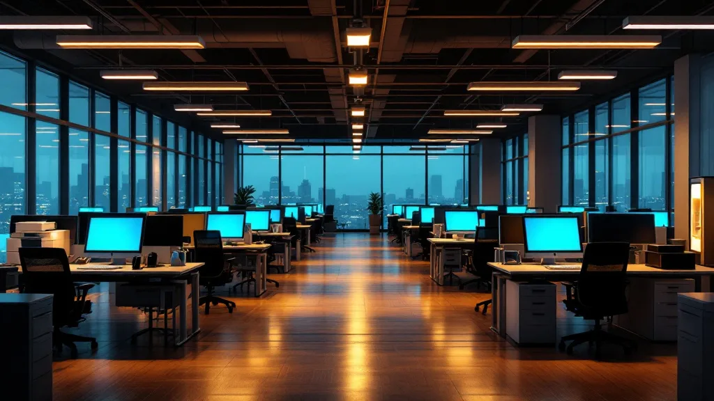 Empty office at night with computer screens still on